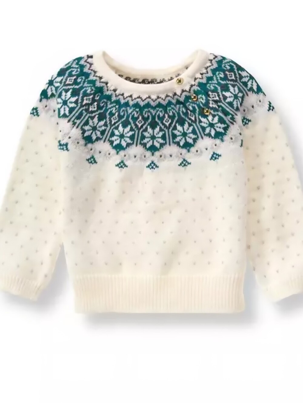 Janie and Jack White Crewneck Sweater with Teal Fair Isle‎ Yoke 2T